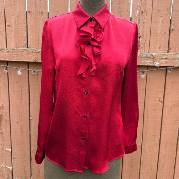 Festive Vintage 90s Deep Red  Silk Ruffle Blouse - Picture 1 of 9